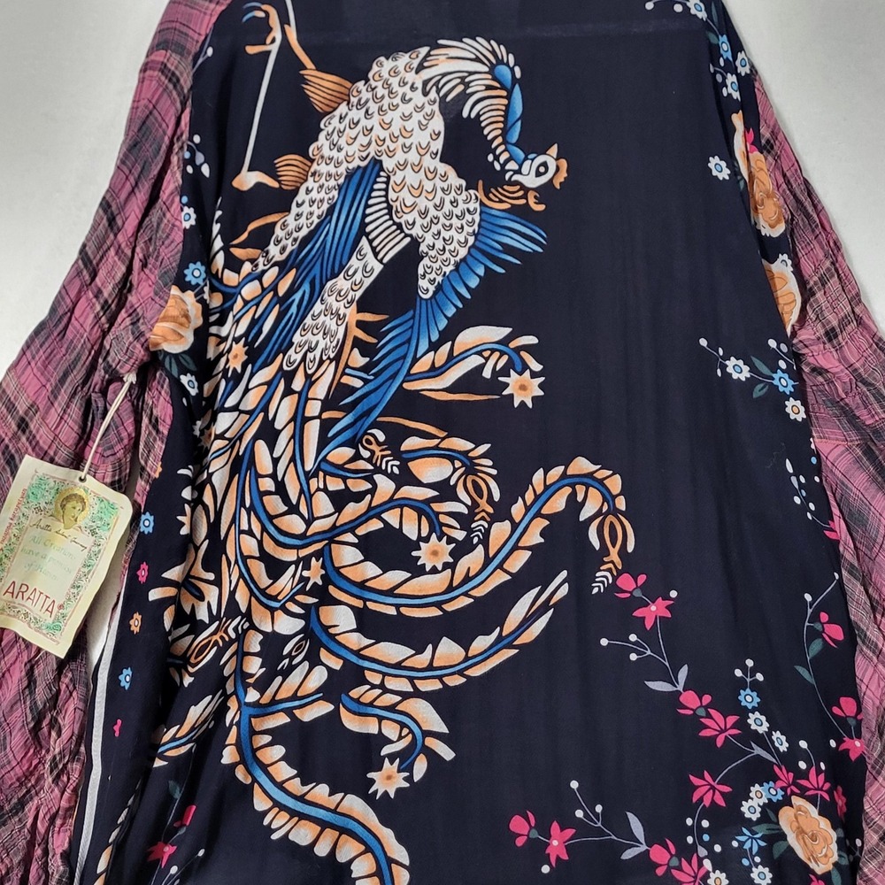 Aratta Shirt Womens Large Pink Plaid Bird Floral Boho Tunic Bell Sleeve Top - Picture 2 of 14